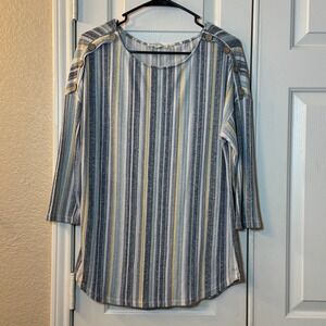 Above and Beyond Blue & White Striped Long Sleeve Scoop Neck Beachy Top, Size 1X